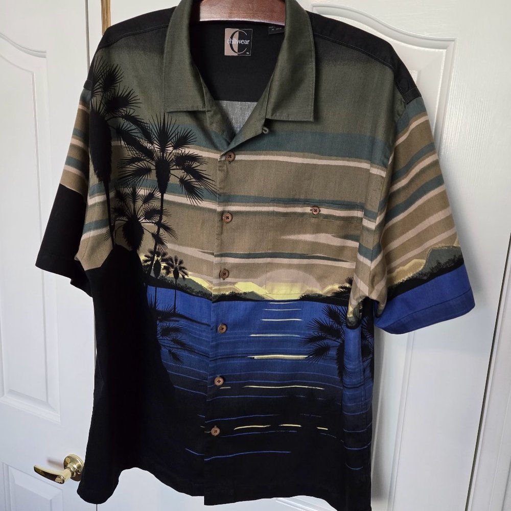 Vintage Chiliwear Tropical Scenic Button‑Down Shirt Blue Green 100% Cotton L